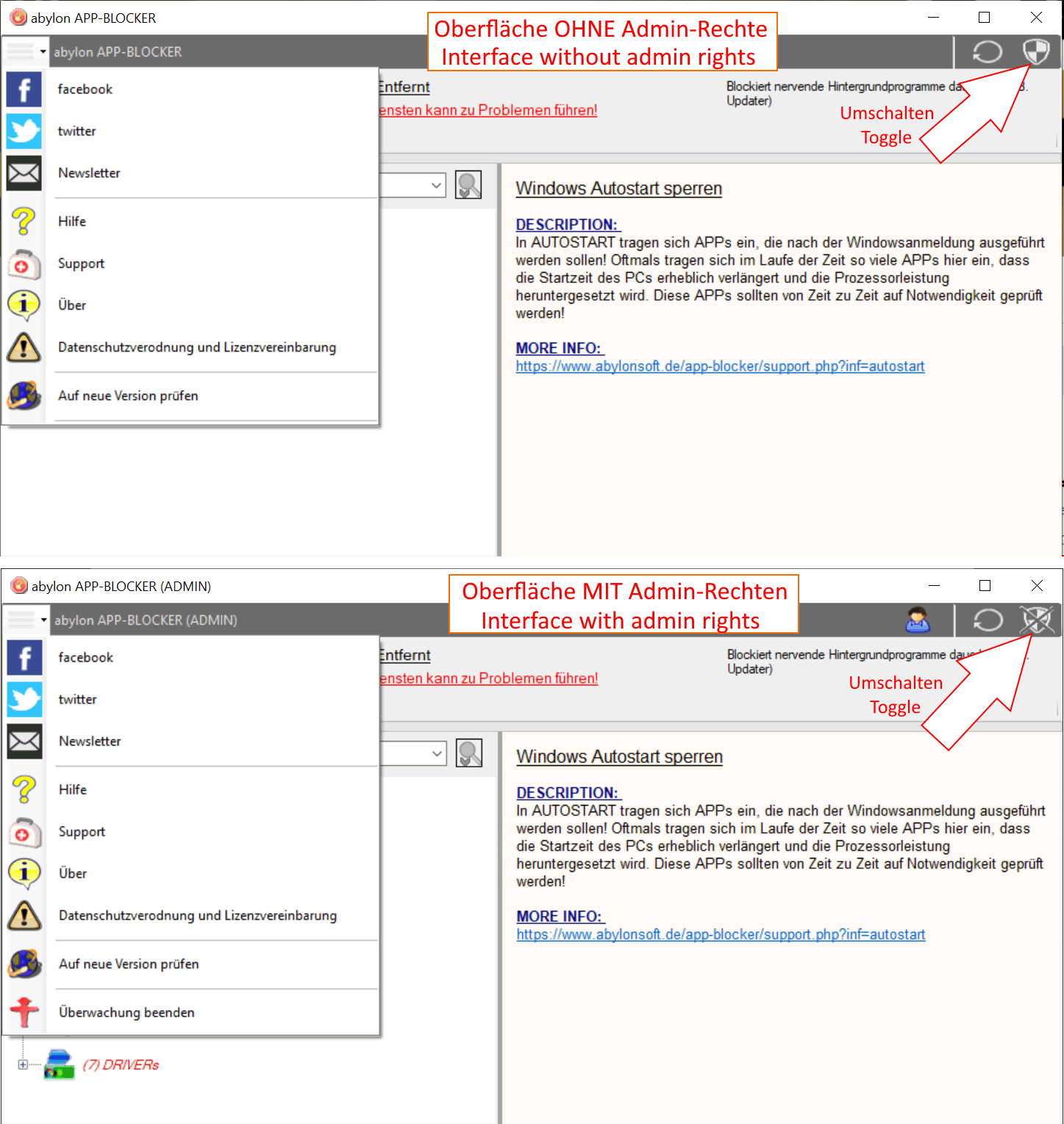 Program interface with and without admin rights