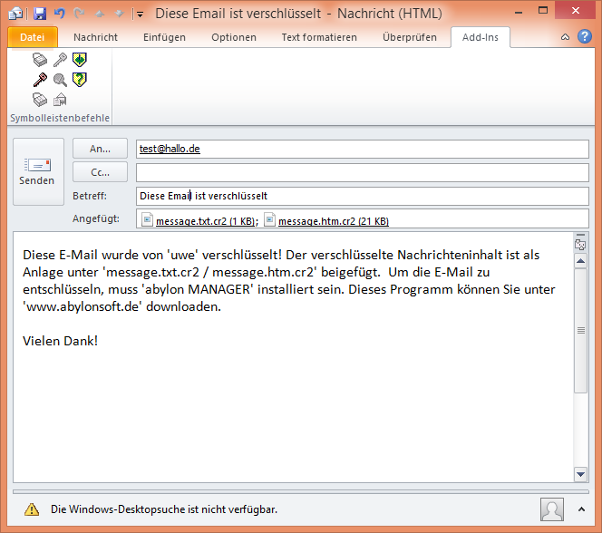 Screenshot: Verschlüsselte Email in Outlook
