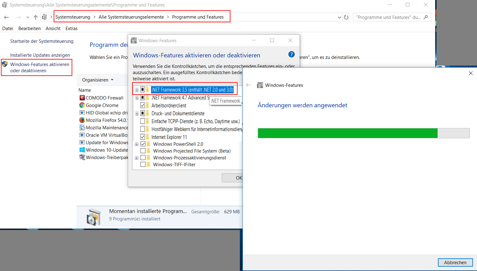.NET 3.5 unter Windows 10 aktivieren