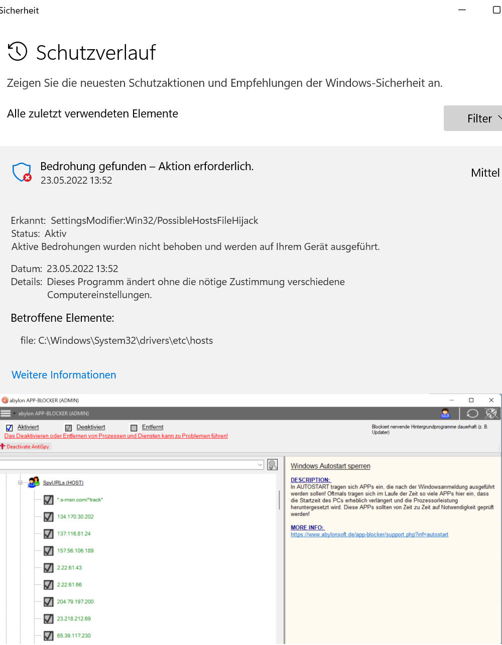 Screenshot of Defender message and APP BLOCKER window