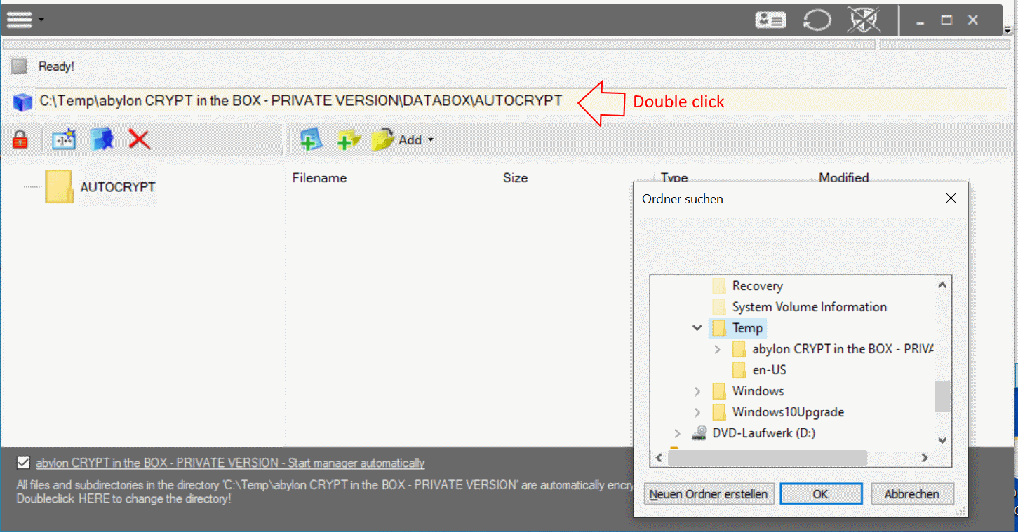 Screenshot for abylon CRYPT in the BOX to change AutoCrypt-folder