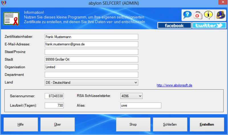 Screenshots of abylon SELFCERT