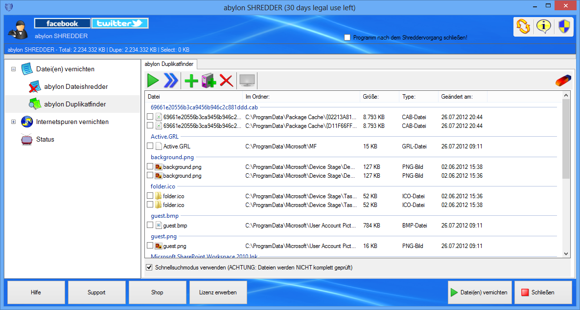 Screenshot: 23 Shredder-Dialog Duplikatfinder.PNG