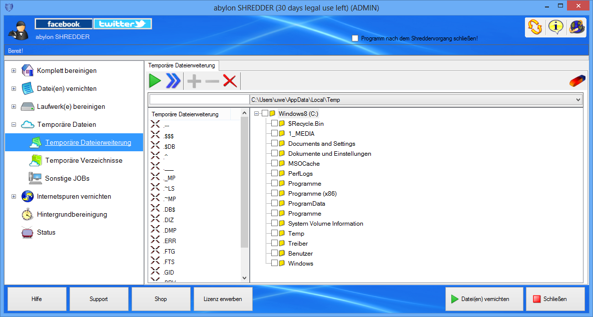 Screenshot: 32 Shredder-Dialog Temporäre-Dateierweiterungen.PNG